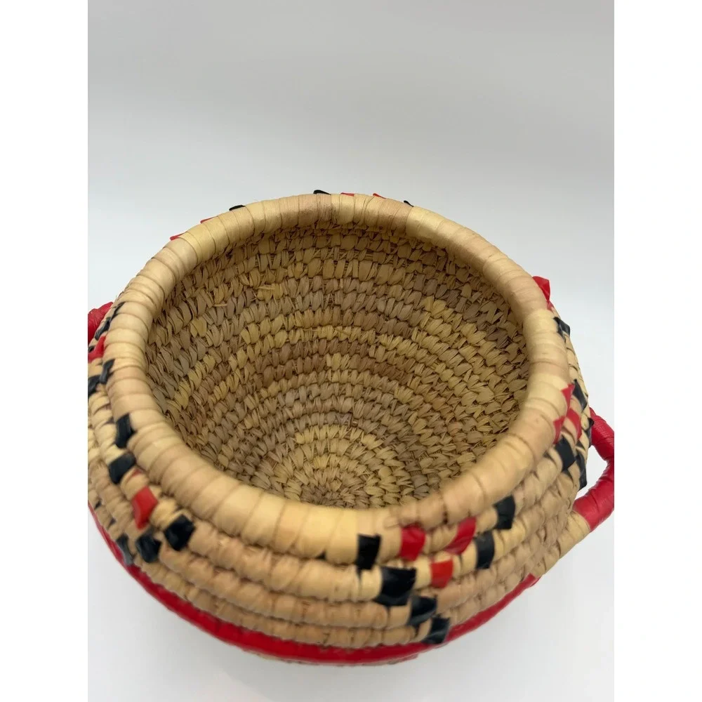 Handmade Woven Coiled Basket Red Black Geometric Pattern with Handles